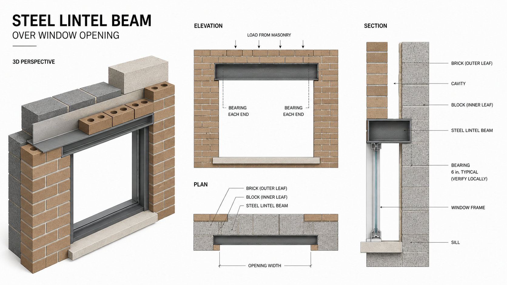 Steel lintel beam over window opening diagram showing masonry load, bearing ends, cavity wall section, brick, block, steel support, window frame, and sill.