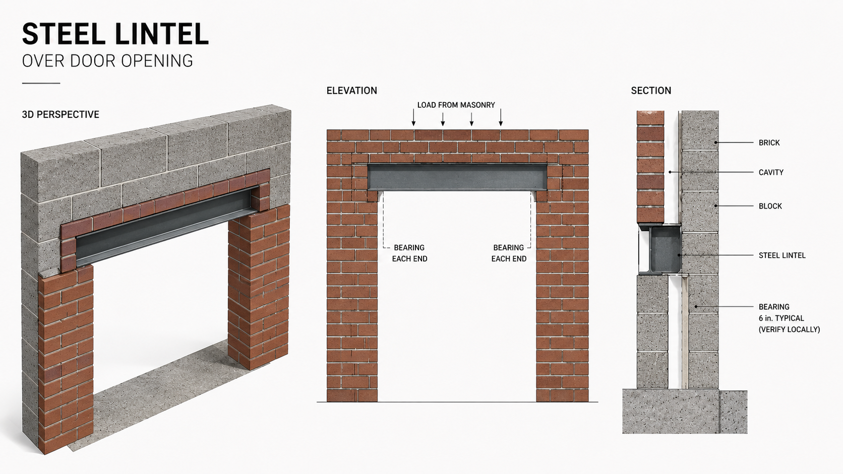 Infographic showing a steel lintel beam installed above a door opening with clear reinforcement and load path details.