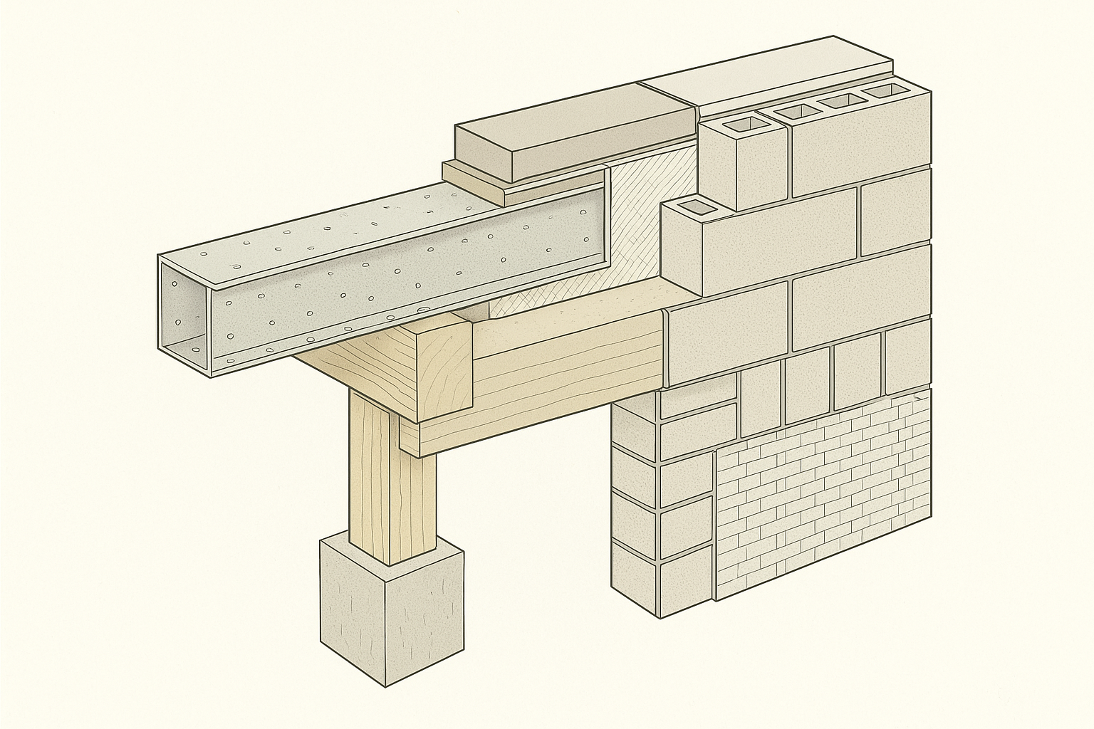 echnical architectural drawing showing a steel lintel wall section with brick, concrete, insulation, and beam connection.
