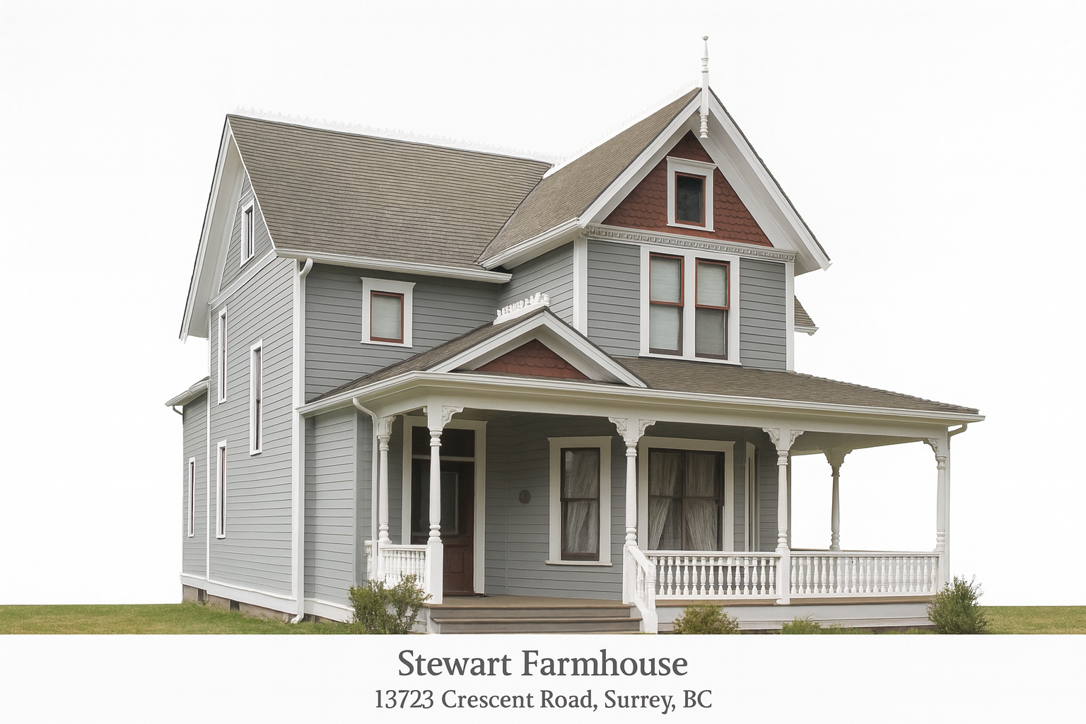 Stewart Farmhouse at 13723 Crescent Road in Surrey, BC — a restored Victorian-style home with gray siding, white trim, and ornate porch details.