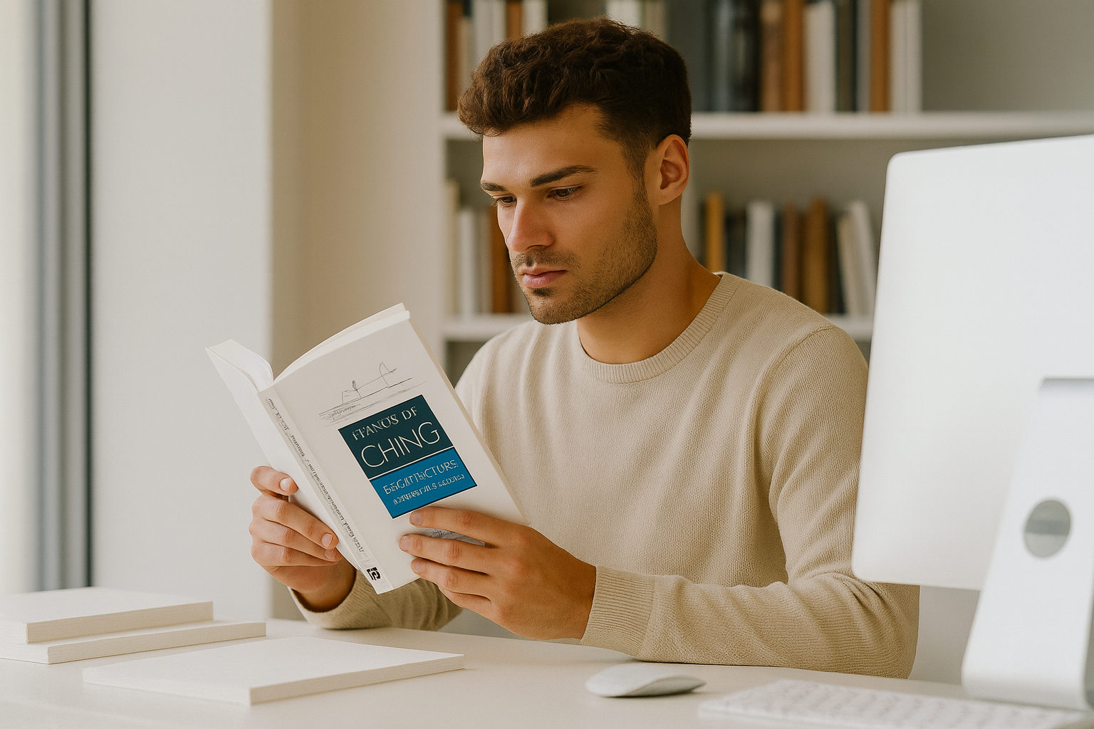 Visual infographic showing a new architecture student reading a book, representing early learning and engagement in architectural studies.
