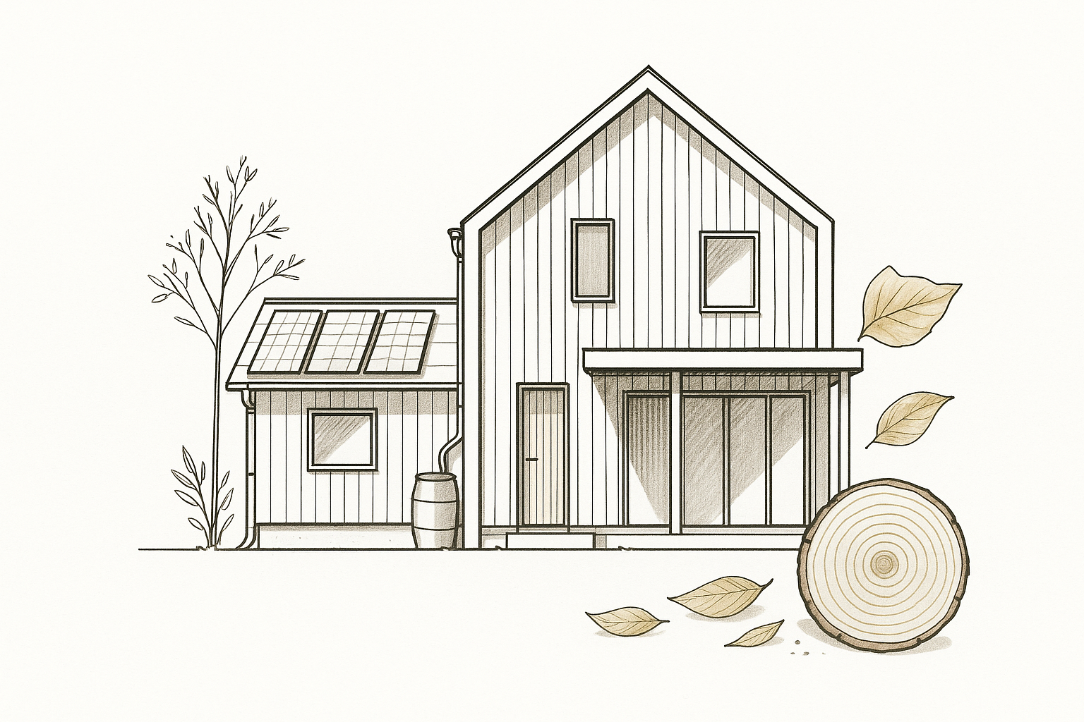 Architectural elevation sketch of a sustainable modern house highlighting eco-friendly design and materials.