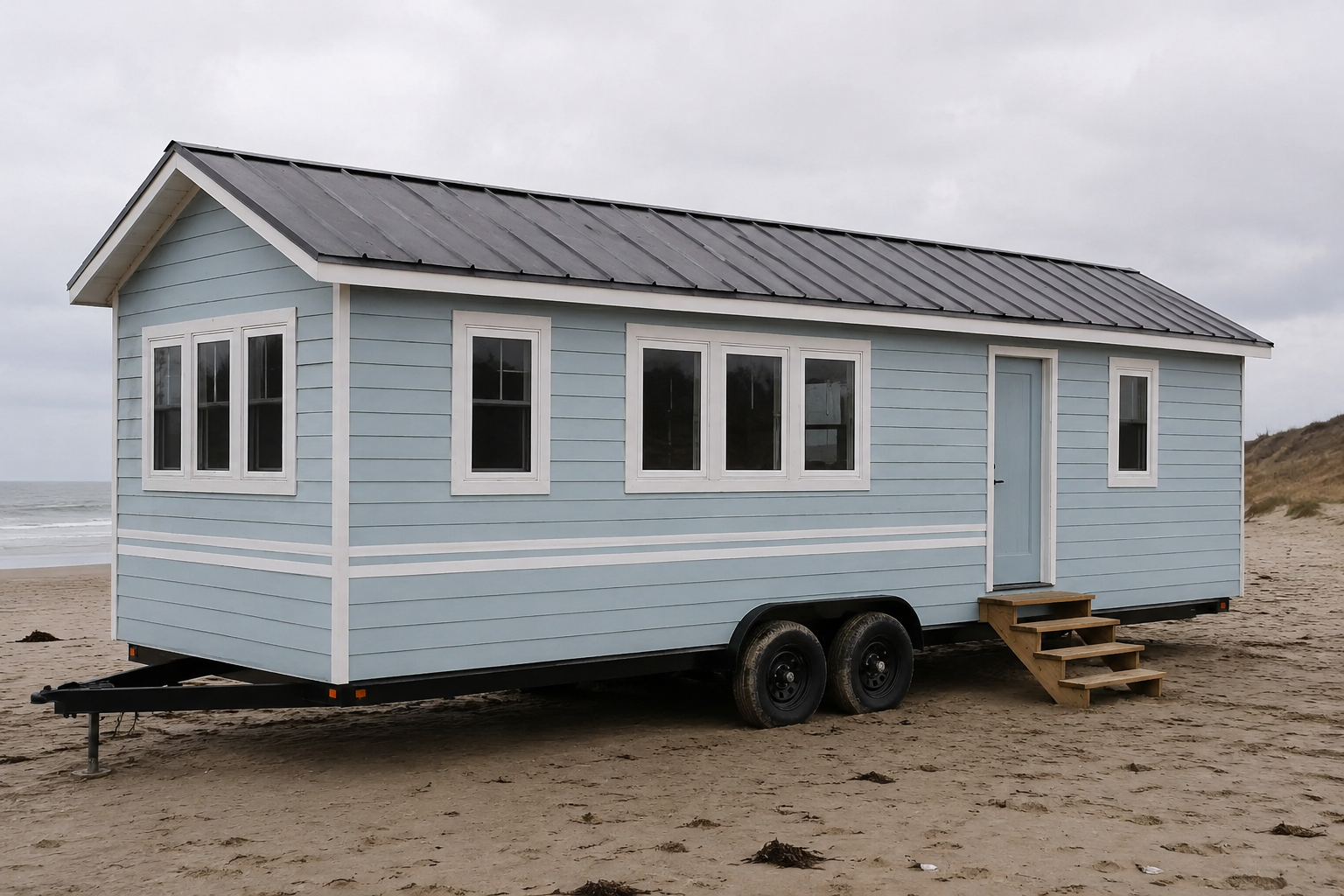 Light blue tiny house on wheels parked on a sandy beach with a metal roof, white trim, steps, and visible trailer frame.