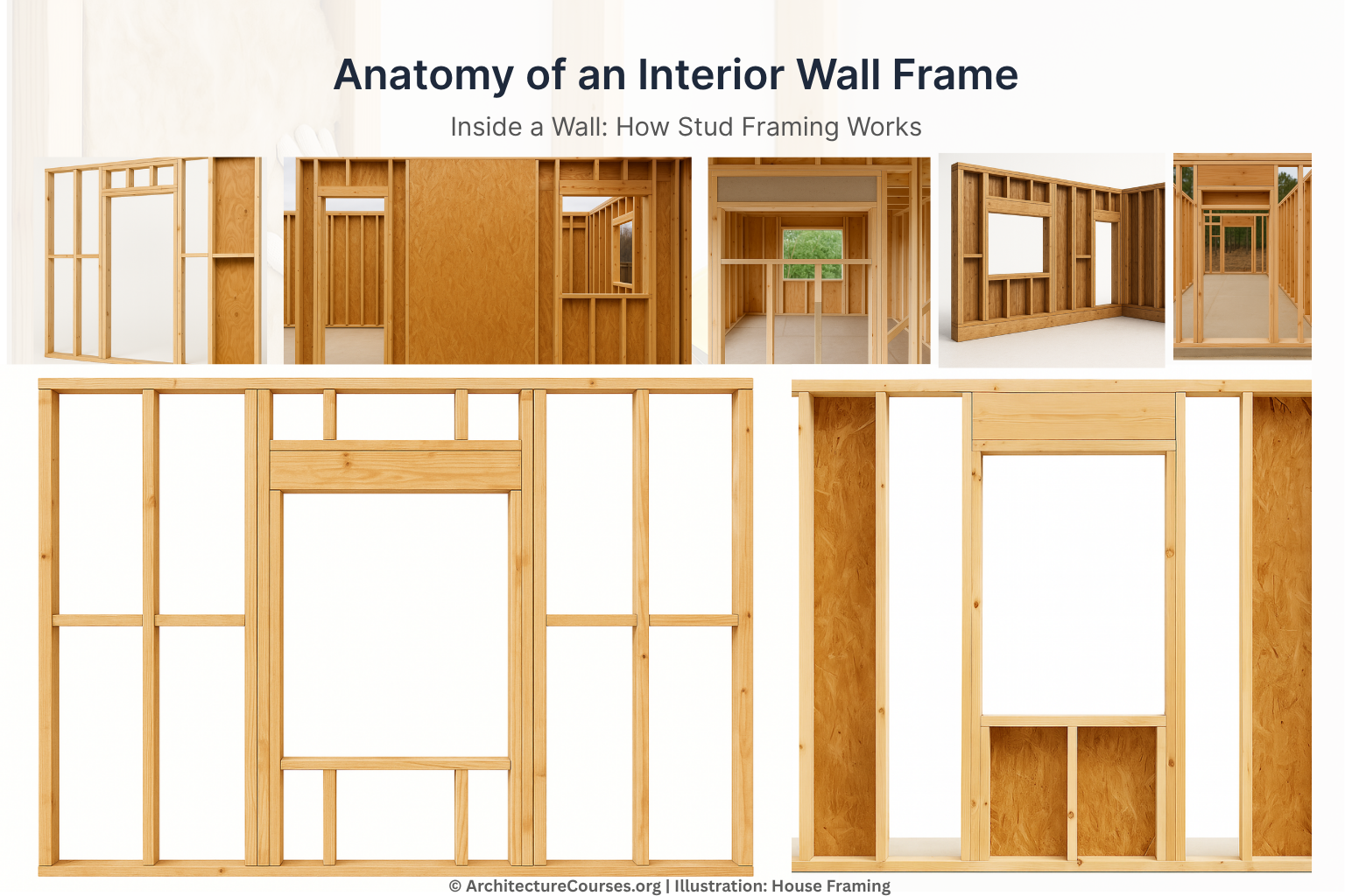 Timber wall framing systems showing multiple stud configurations, openings, and sheathing variations.