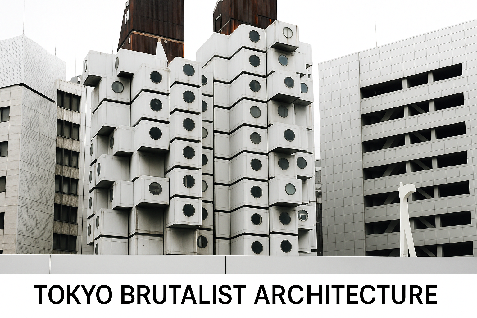 Nakagin Capsule Tower in Tokyo with circular windows and concrete facade.