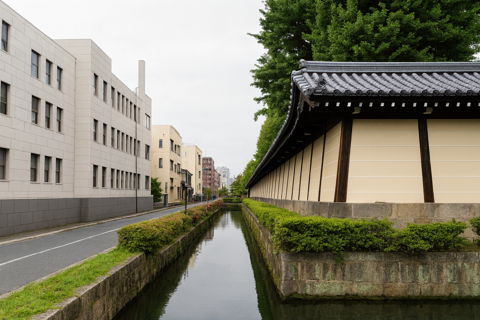 Architectural canal in Tokyo showing contrast of concrete, wood, and formwork texture that express material honesty.