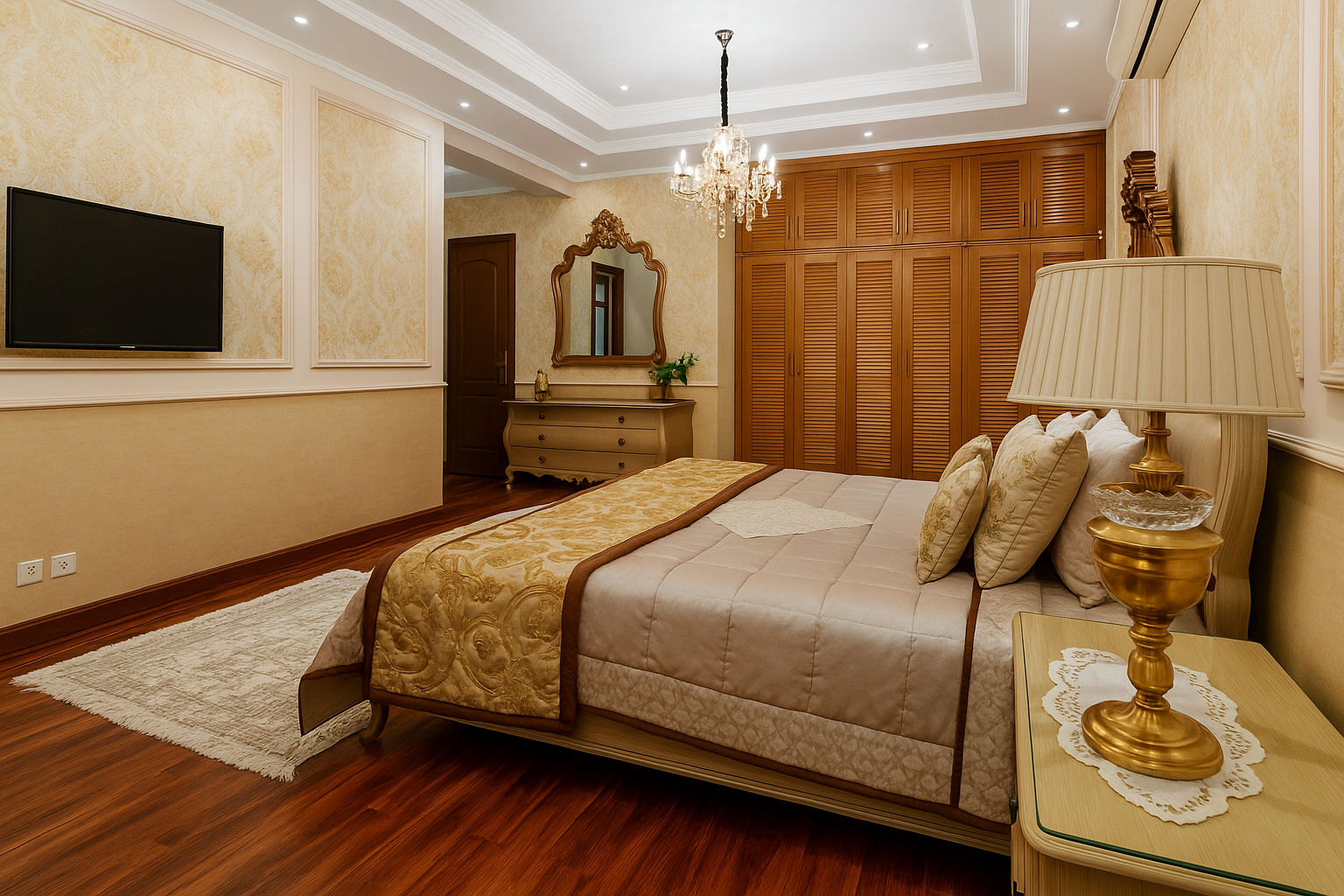 Elegant traditional bedroom redesign with chandelier, gold decor, and cream tones