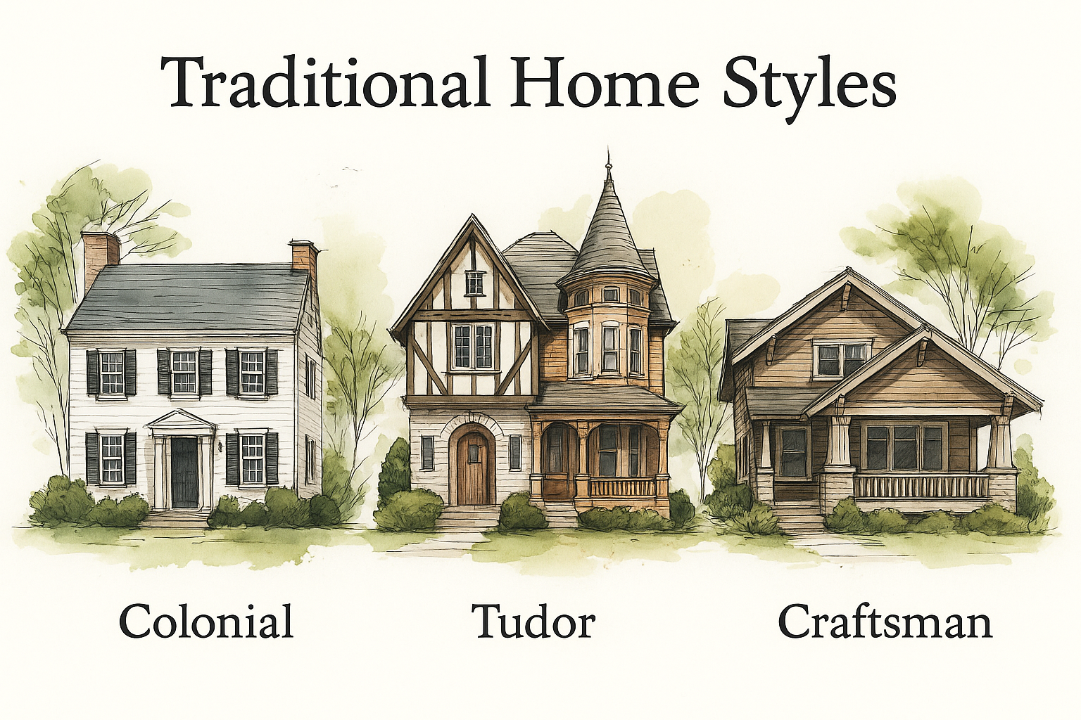 Hand-drawn watercolor architectural illustration showing three traditional home styles—Colonial, Tudor, and Craftsman.