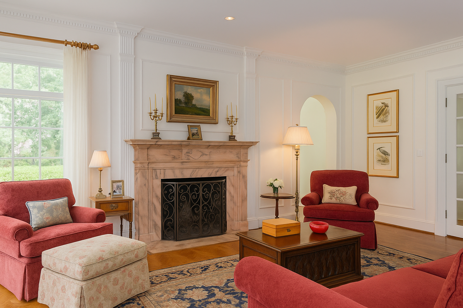 Traditional living room with updated artwork, patterned cushions, and classic fireplace.