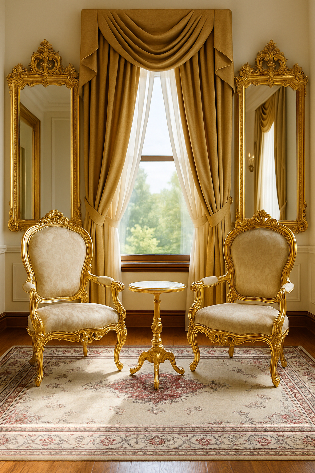 Elegant ornate traditional living room with classic furniture, rich wood accents, and layered textures.
