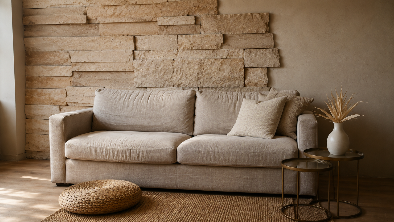 Living room with a travertine stone feature wall, neutral sofa, woven rug, and soft window light.