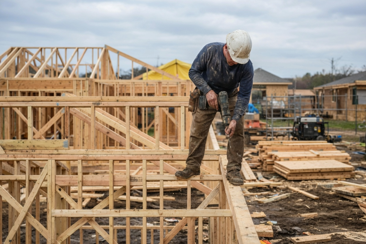 Roof truss installation with diagonal bracing and connection details for structural stability.