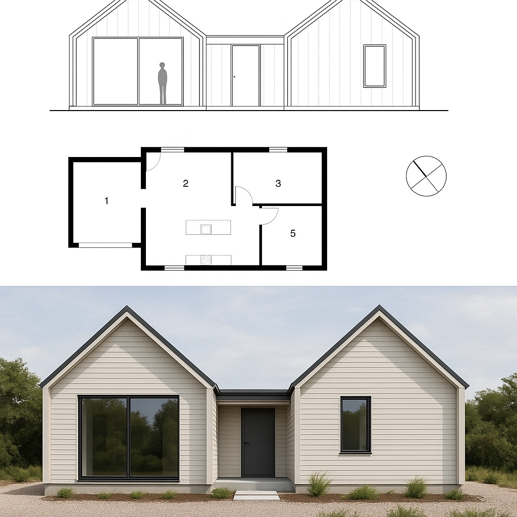 Twin gable roof modern house shown in elevation, floor plan, and realistic 3D render, featuring symmetrical design, wood and glass materials, and a professional architectural layout.