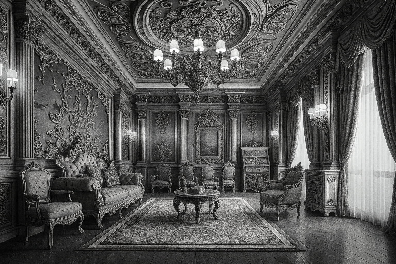 Real photograph of a Ukrainian Baroque interior with ornate carvings, chandeliers, and detailed wall moldings.