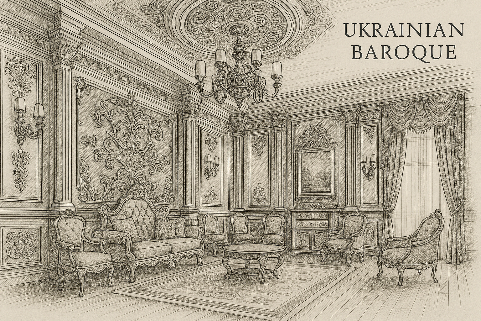 Architectural ink sketch of a Ukrainian Baroque interior with ornate columns, furniture, and detailed ceiling moldings