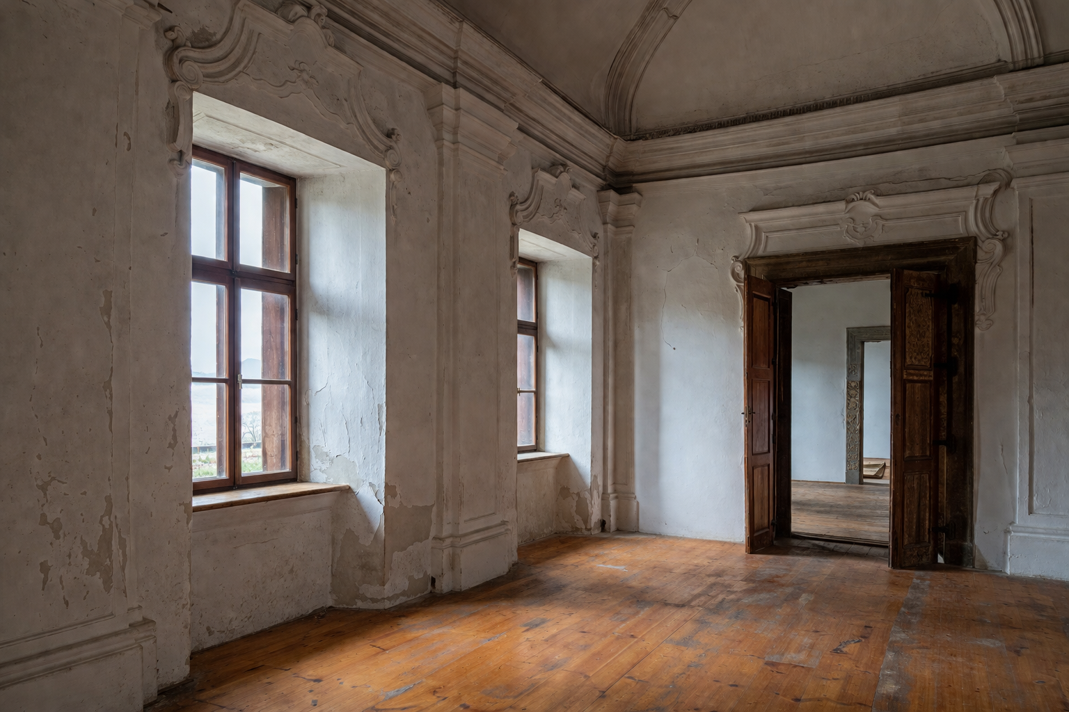 Historic Ukrainian Baroque interior with white plaster walls, carved trim, deep windows, and wood flooring.