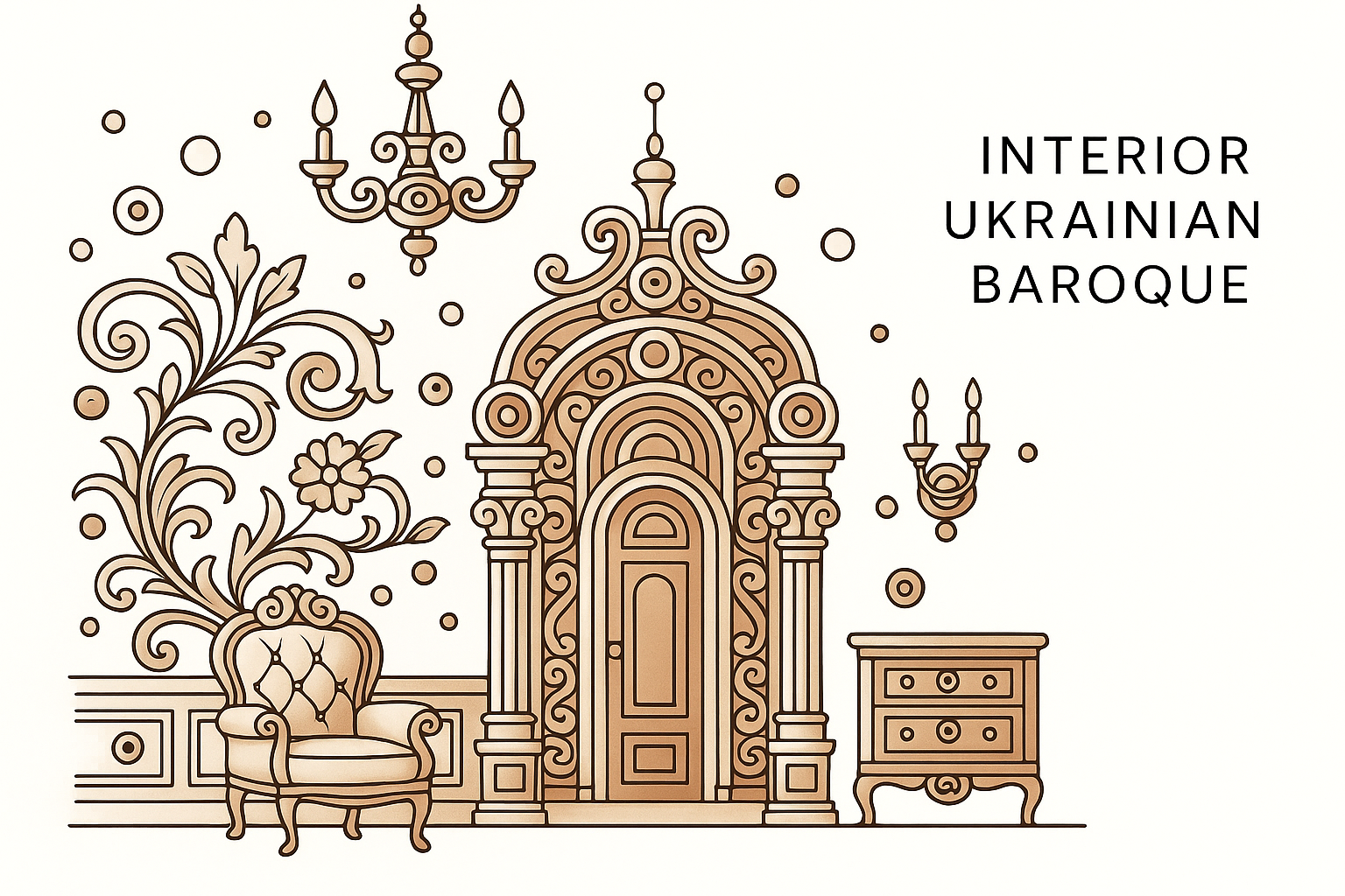 Line art of a Ukrainian Baroque interior with ornate furniture and chandelier.