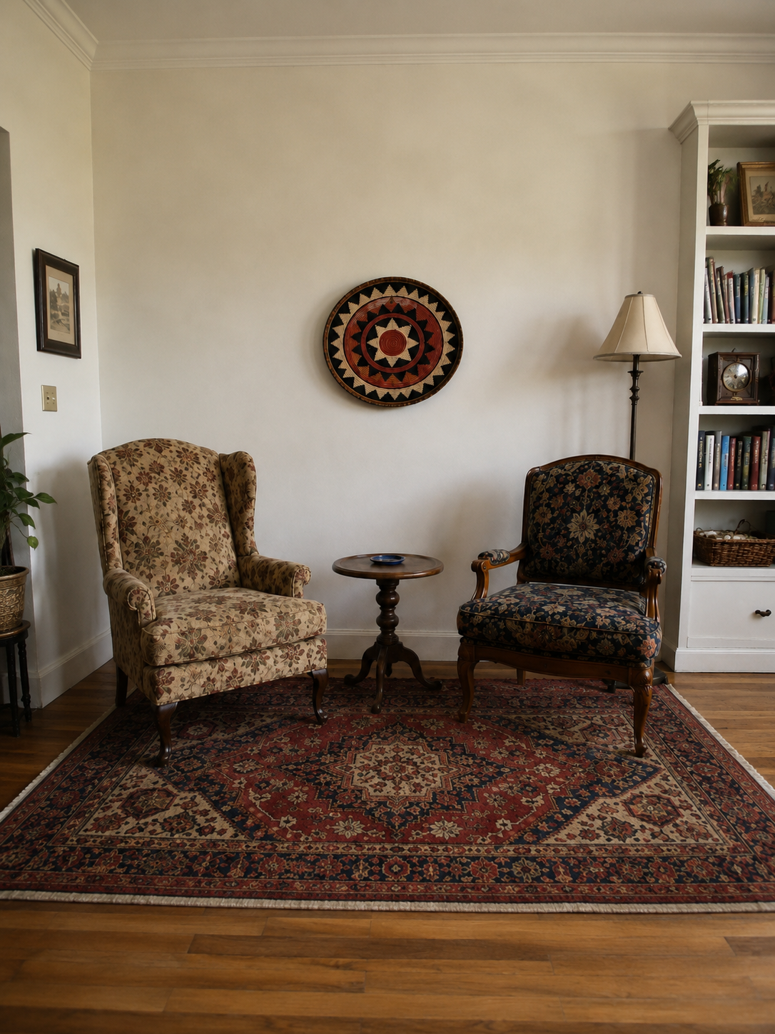 Traditional living room corner with floral upholstered chairs, a Persian-style rug, wood floor, side table, floor lamp, framed art, and built-in bookshelves.