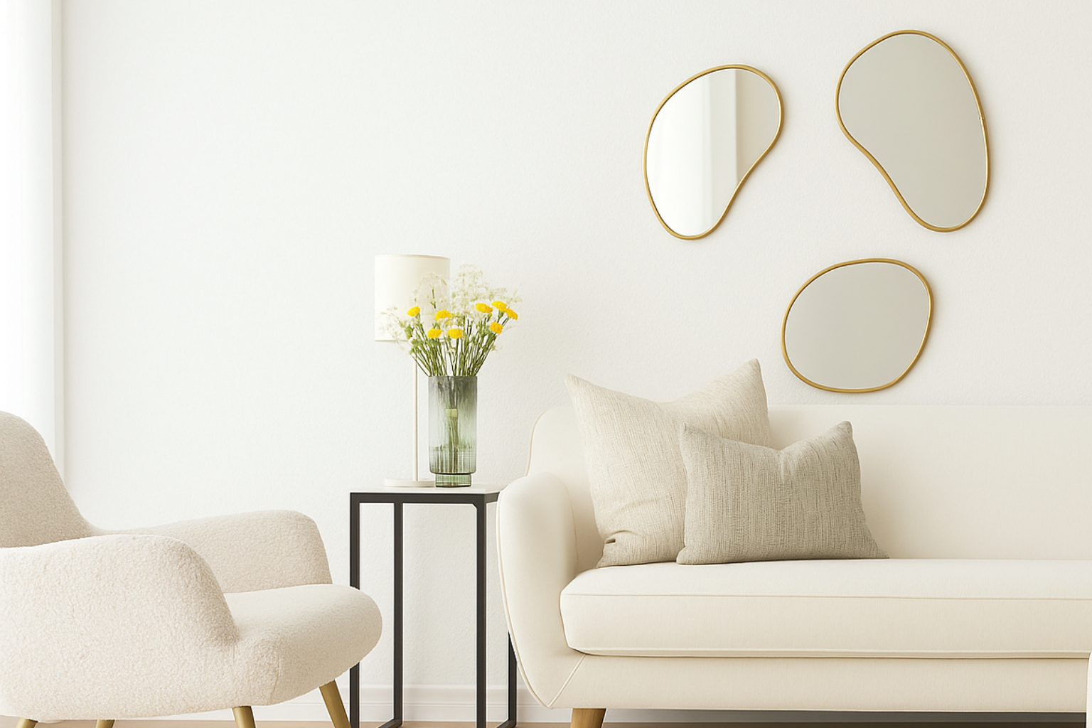 Elegant minimalist living room with a white sofa, soft pillows, and gold-edged organic mirrors on a smooth warm white wall.
