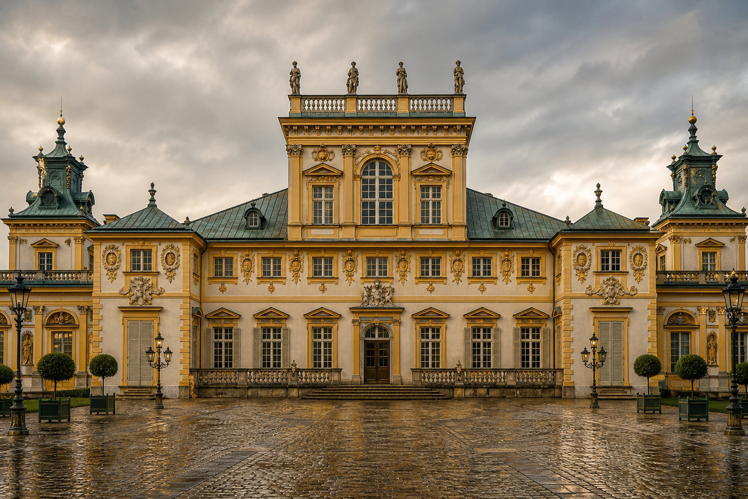 Wilanów Palace Baroque facade with ornate gold trim, sculptural details, tall windows, and a formal courtyard.