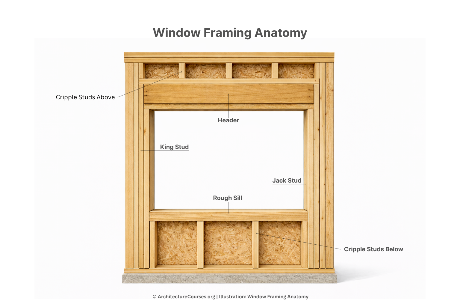 Window framing anatomy diagram showing header, king stud, jack stud, rough sill, and cripples.