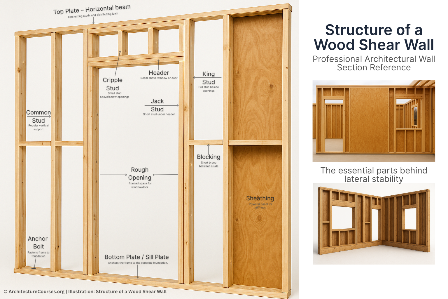 Real wood shear wall diagram showing labeled studs, plates, sheathing, and anchor bolts.