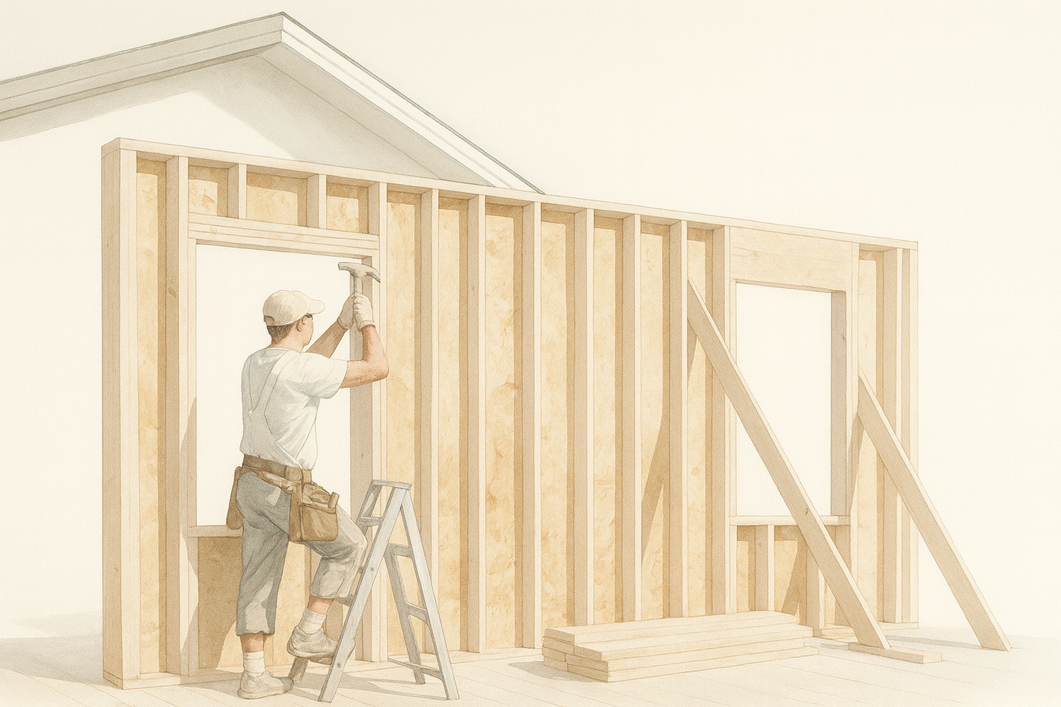 Professional builder working on a wood-framed wall with visible window openings in a modern house build.