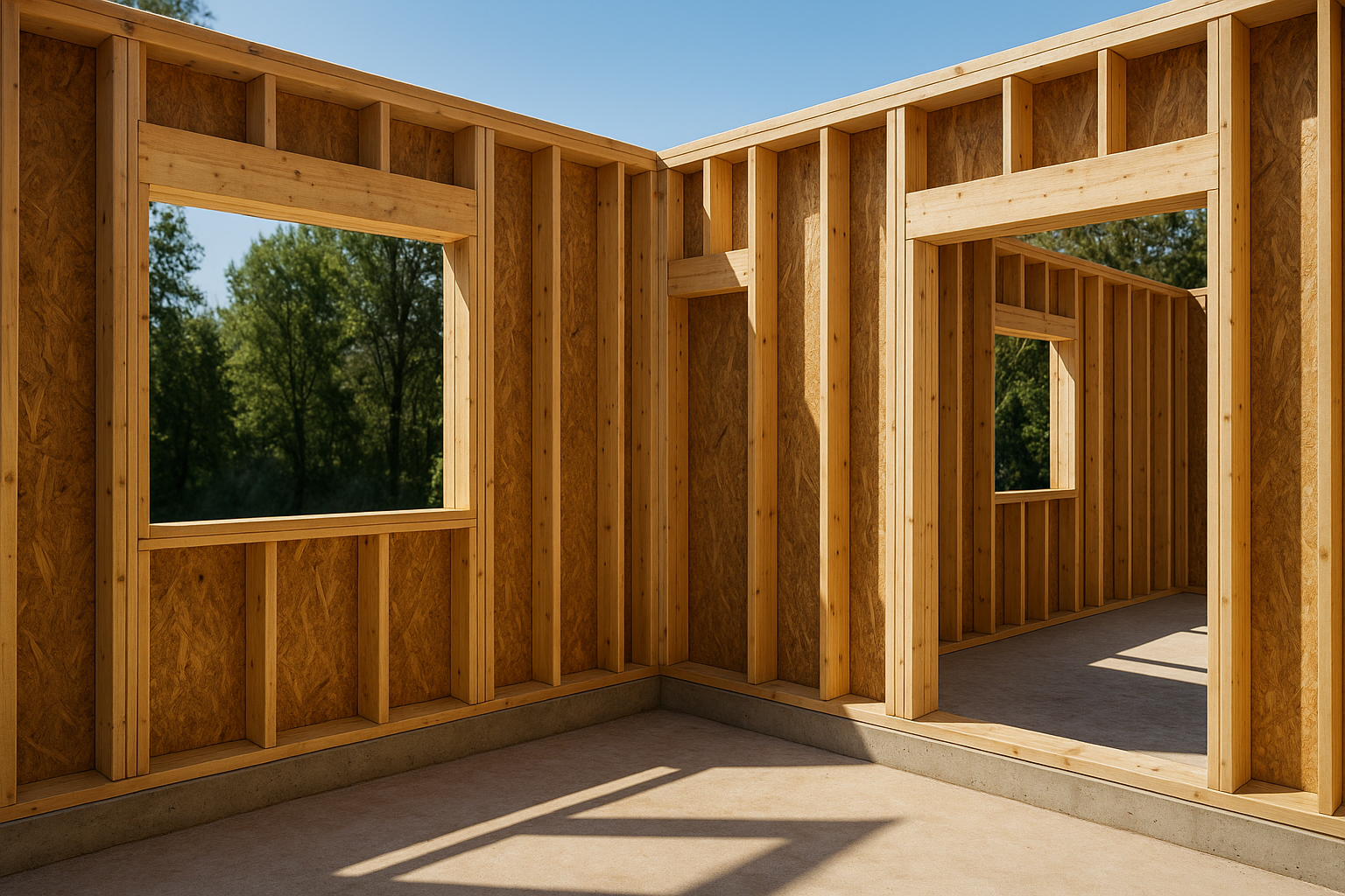 Infographic showing a wooden shear wall section under construction with studs, sheathing, and anchor details labeled.