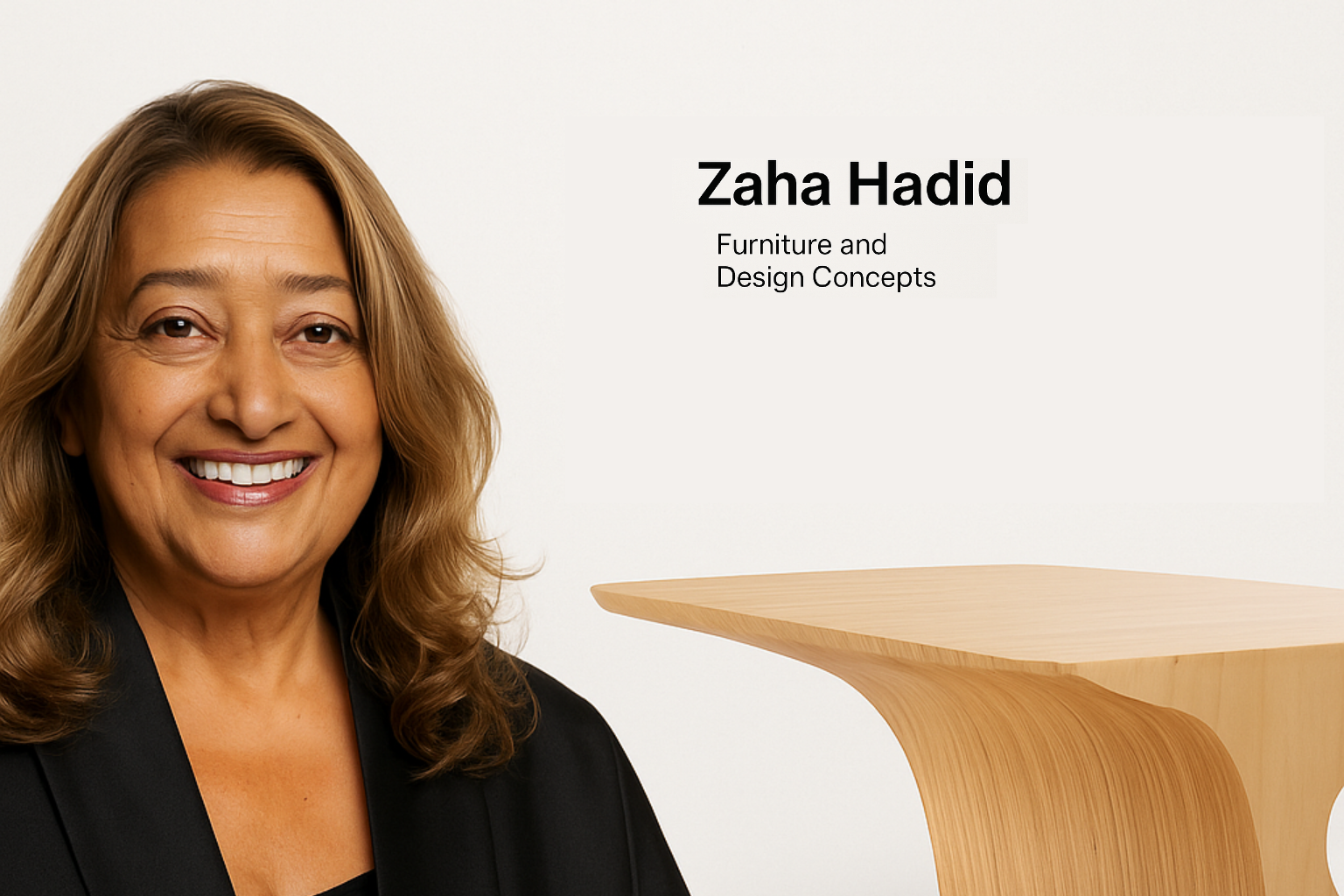 Portrait of an Zaha Hadid beside a sculptural wooden table, illustrating innovative furniture design concepts.
