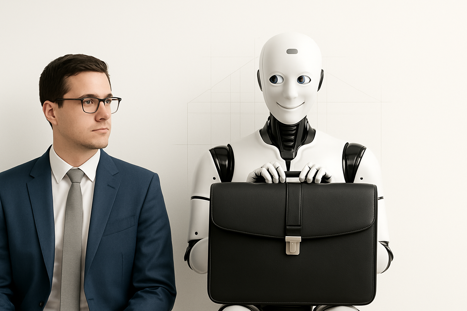 Young architect in blue suit looks ahead as humanoid robot turns toward him smiling, symbolizing AI and design interaction.