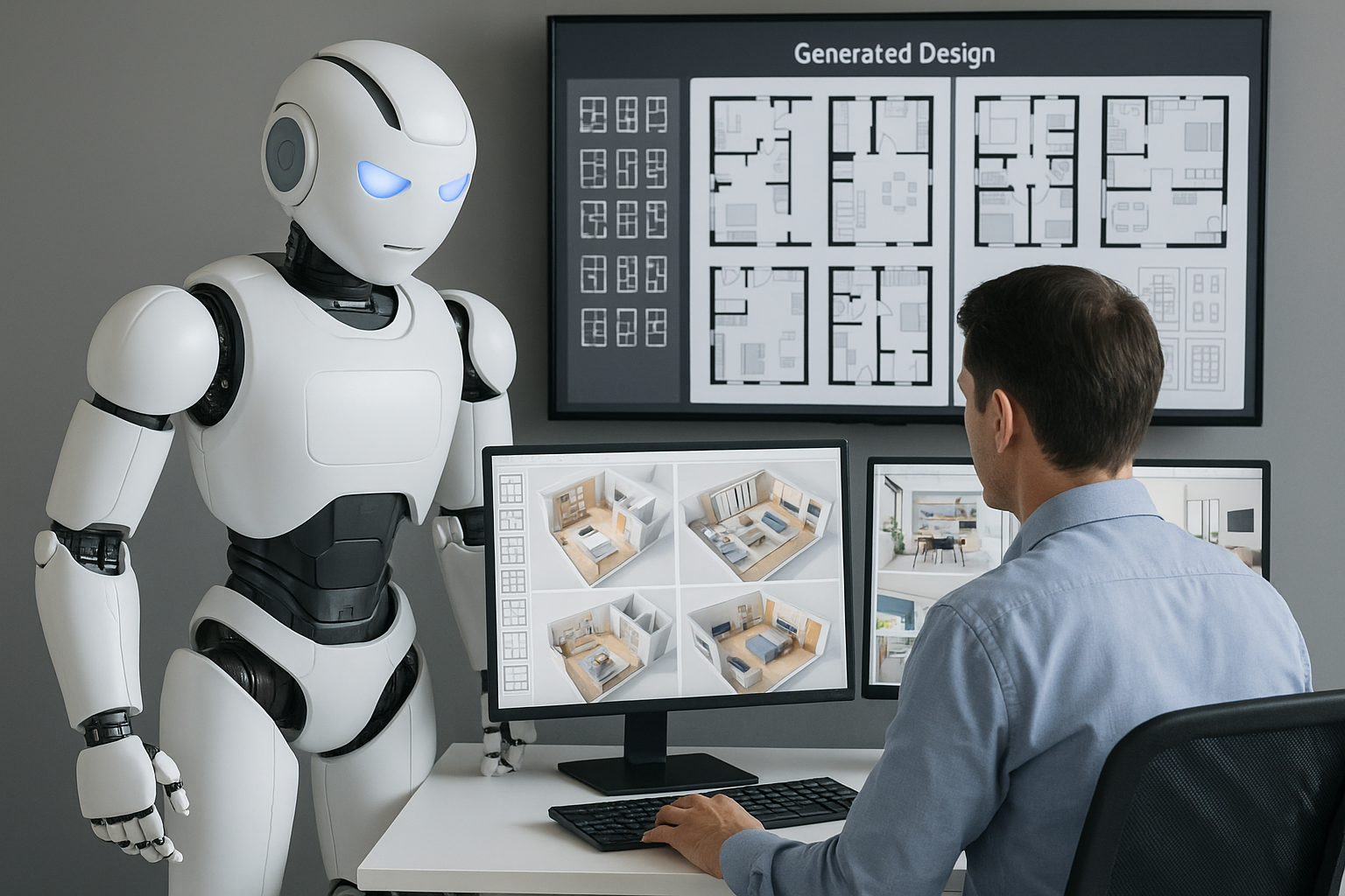 Architect and humanoid robot reviewing AI-assisted generative design on multiple screens in a studio.