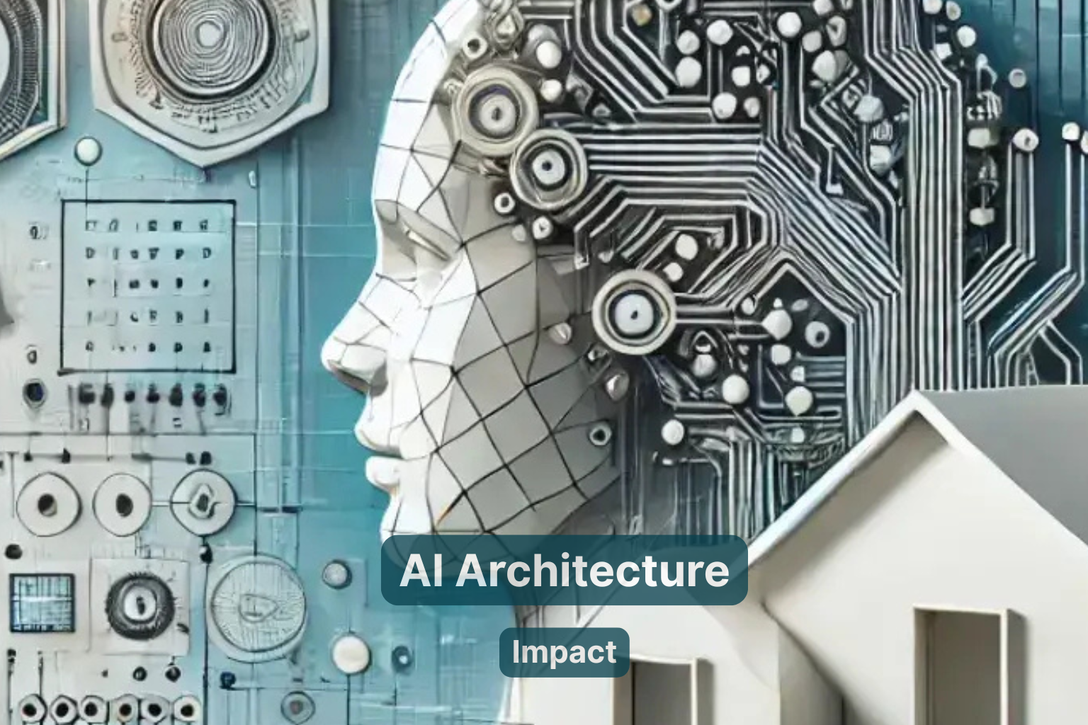 Infographic showing a digital human head made of circuits beside modern architectural blueprints.