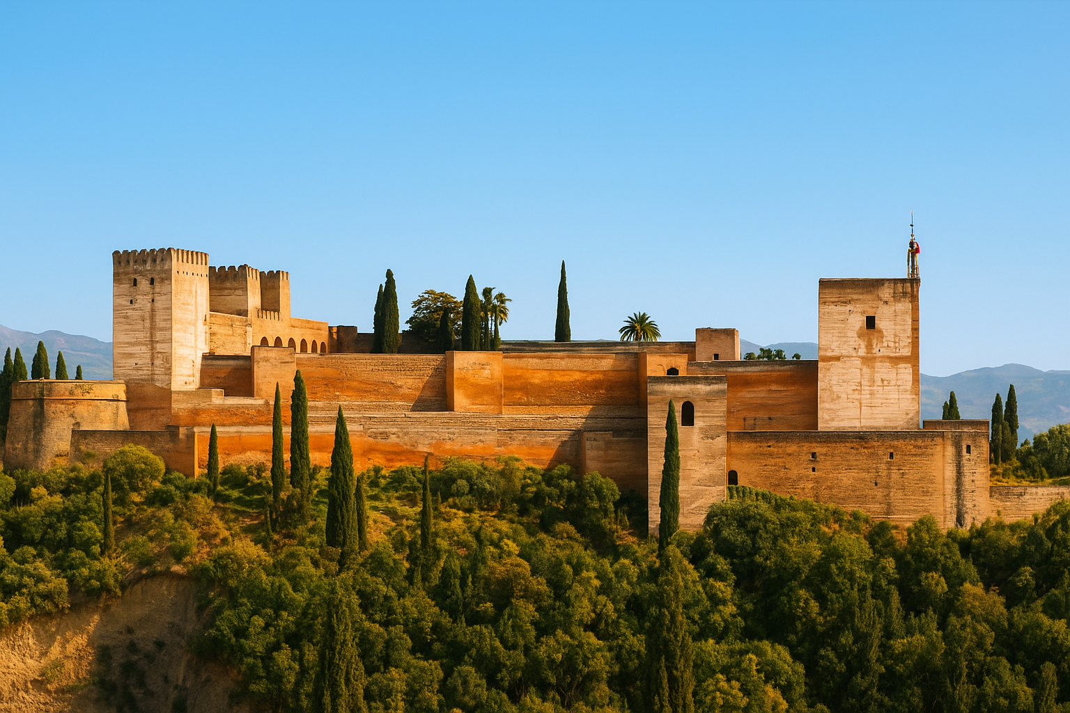 The Alhambra fortress in Granada seen from a new angle highlighting its Moorish architecture.