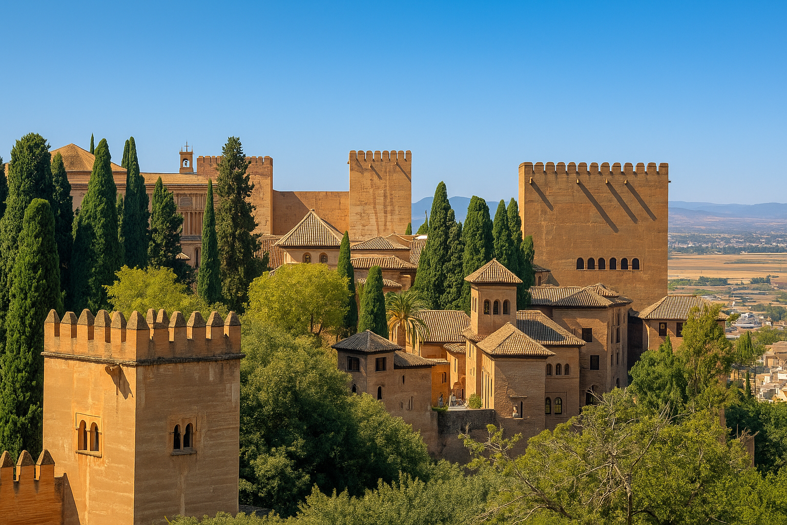 View of the Alhambra fortress and Nasrid palaces in Granada, Spain, with stone towers, tiled roofs, and cypress trees.