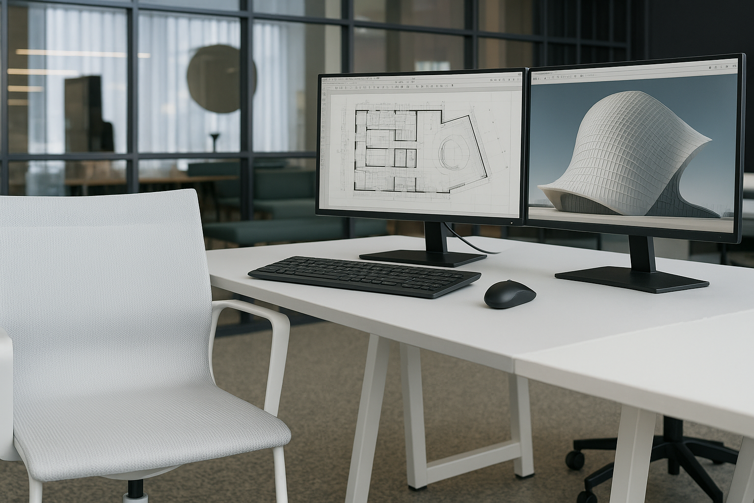Architect reviewing a 3D parametric building model on a laptop in a modern office.