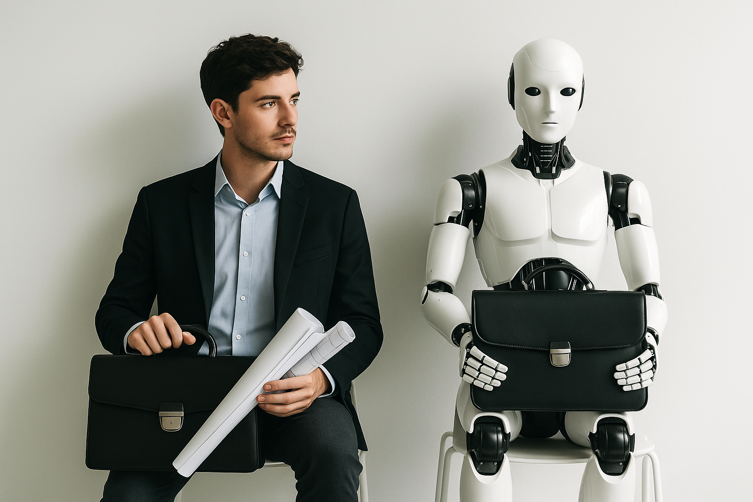 Young architect and humanoid robot seated with briefcases, symbolizing collaboration and competition in modern design work.