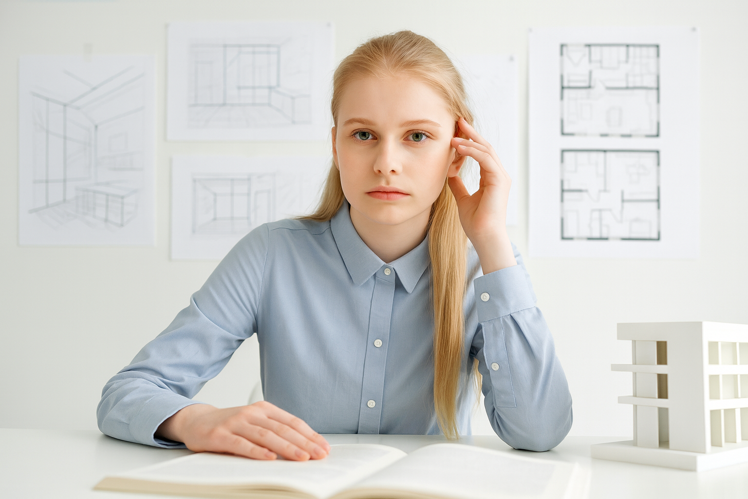 Architecture student working in a university design studio.