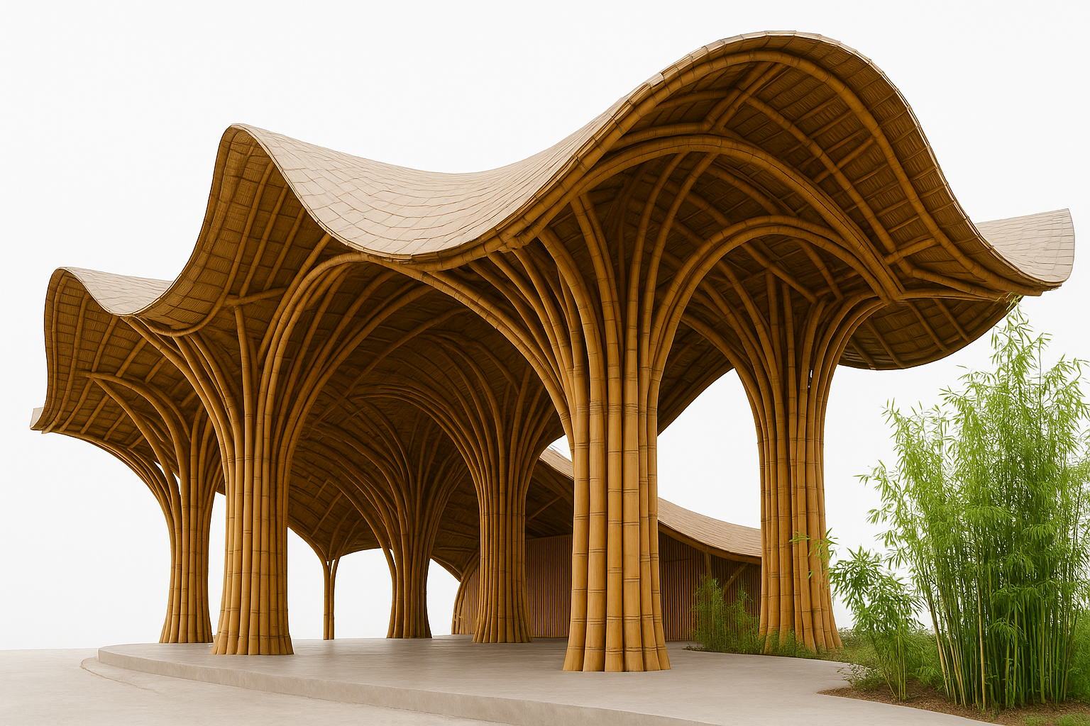 Contemporary bamboo canopy with sculpted arches and bundled bamboo columns.