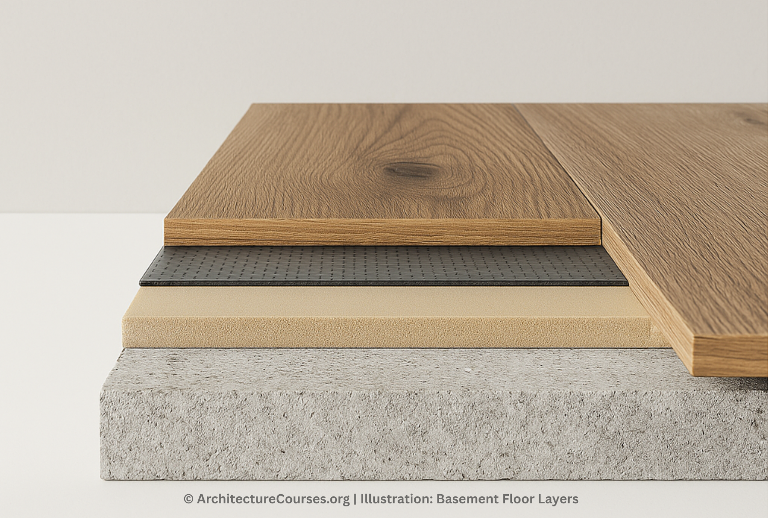 Cross-section of basement floor layers showing vinyl surface, vapor barrier, insulation, and concrete base.