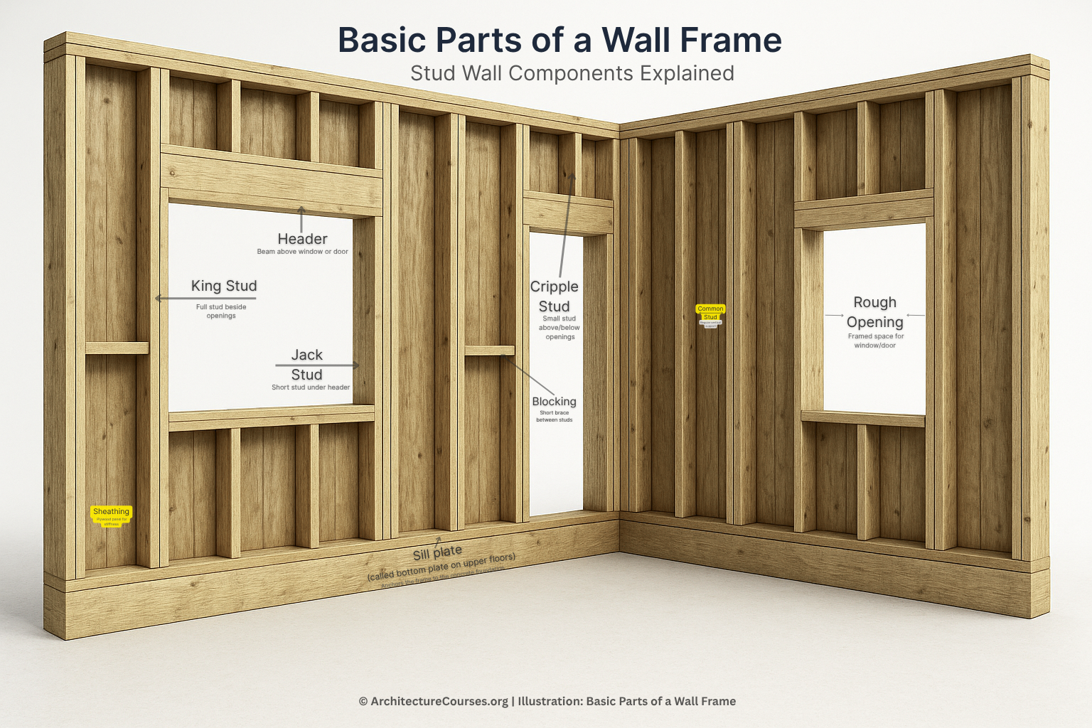 Infographic showing labeled parts of a wall frame including studs, plates, headers, and sheathing.