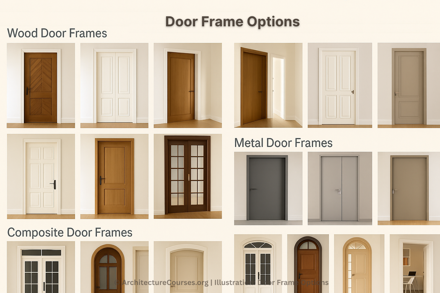 Infographic showing different types of door frames for homes, including wood, metal, and composite door frames, each illustrated with various door styles.