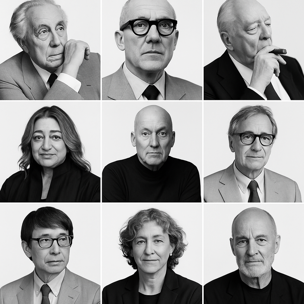 A collage featuring portraits of twelve leading modern architects in an elegant, professional arrangement.