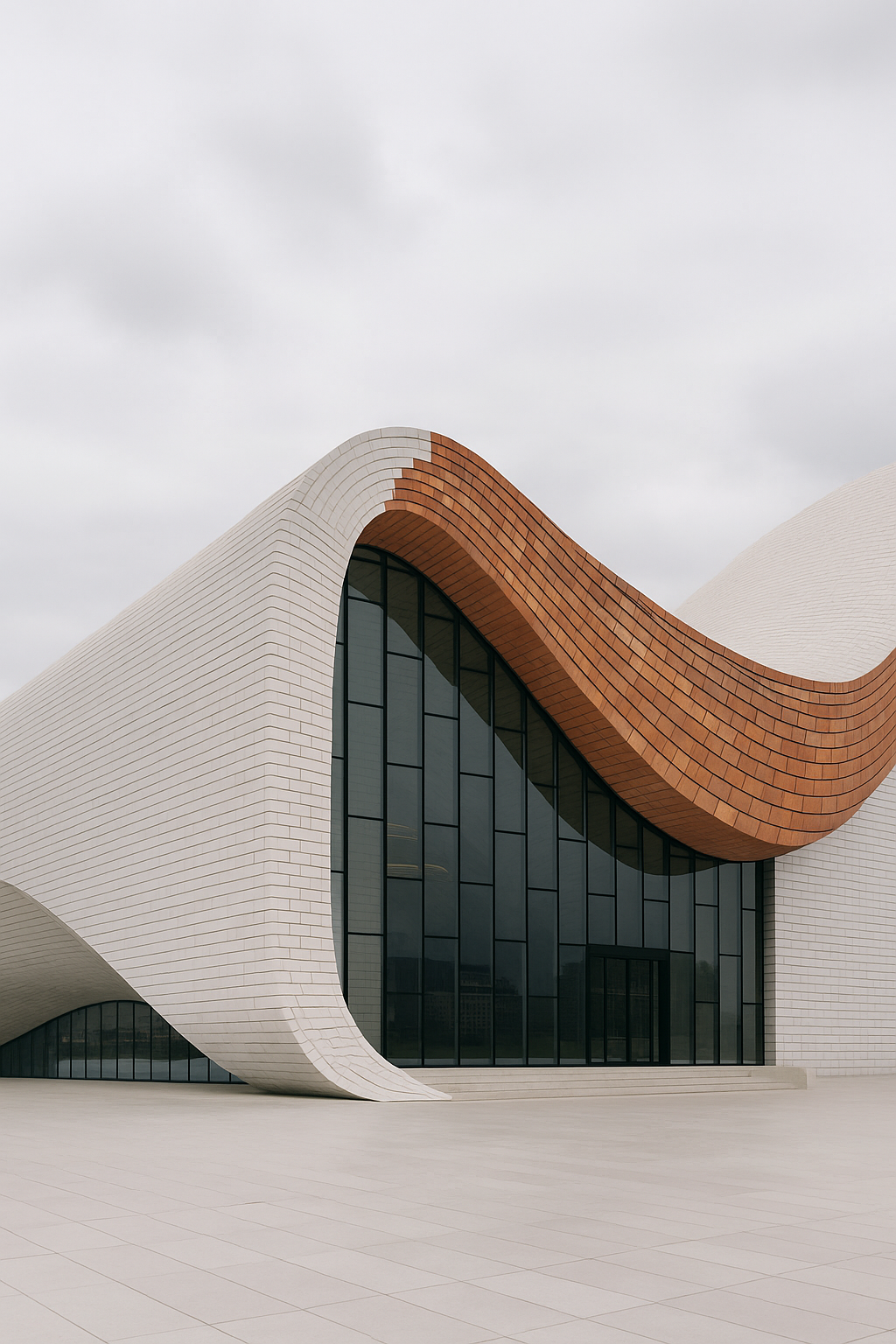 Smooth white brick facade with blended accent hues across flowing parametric forms.