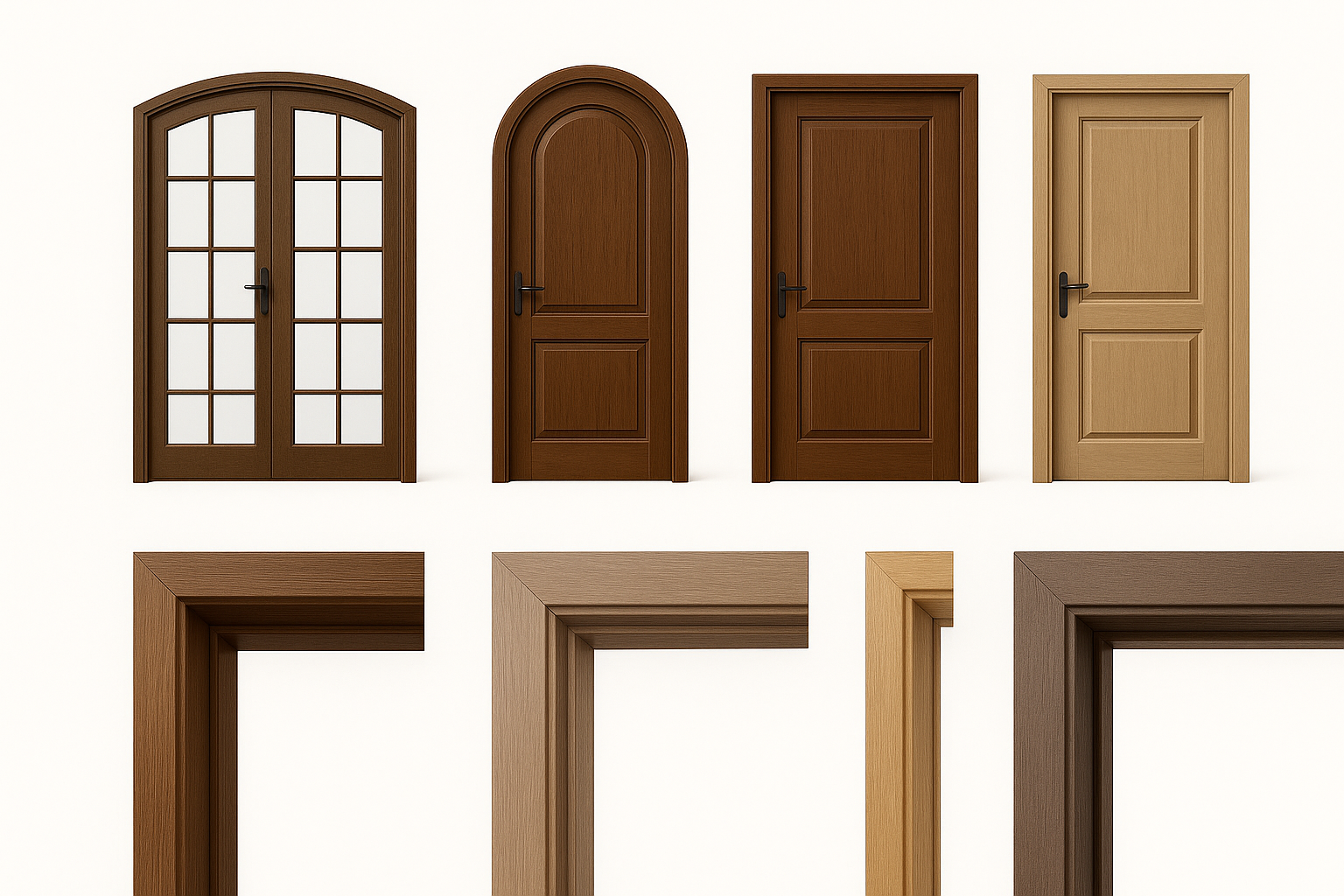 Different composite door frame designs in smooth, textured, and wood-look finishes.