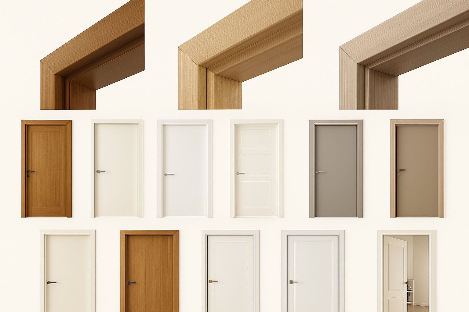 Infographic showing different types of door frames and half door designs, including wood, metal, and composite frame examples for interior and exterior use.