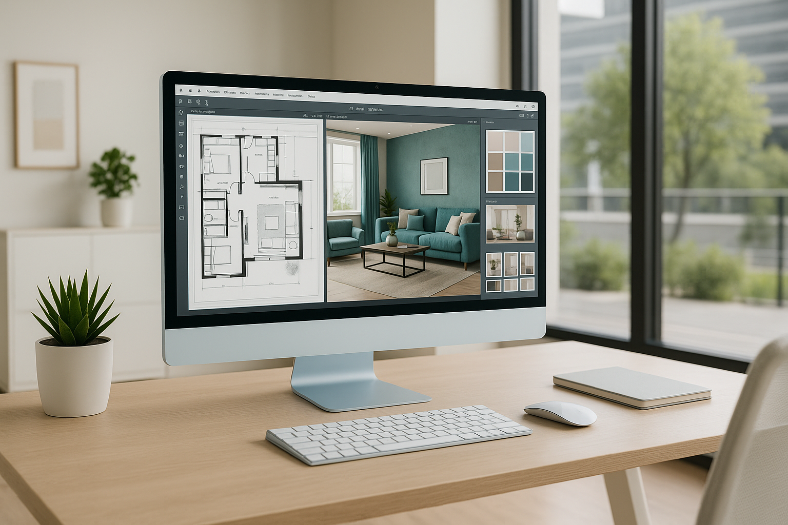 Modern workspace with Apple-style computer showing digital interior design software.