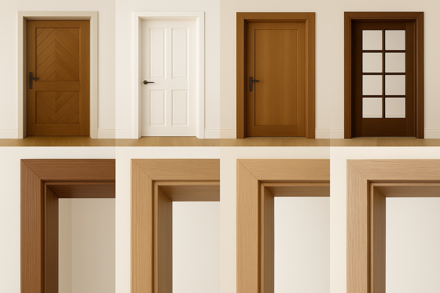 Half wooden door with natural finish and matching wood frame