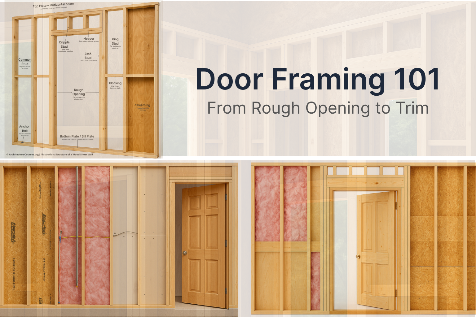 Detailed infographic showing different types of door framing, including single and double door openings with headers, king studs, jack studs, trimmers, and load paths labeled.