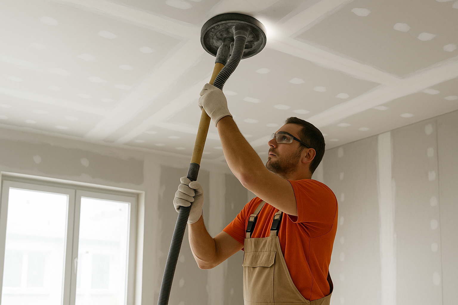 A construction worker uses a power sander to finish a drywall ceiling.
