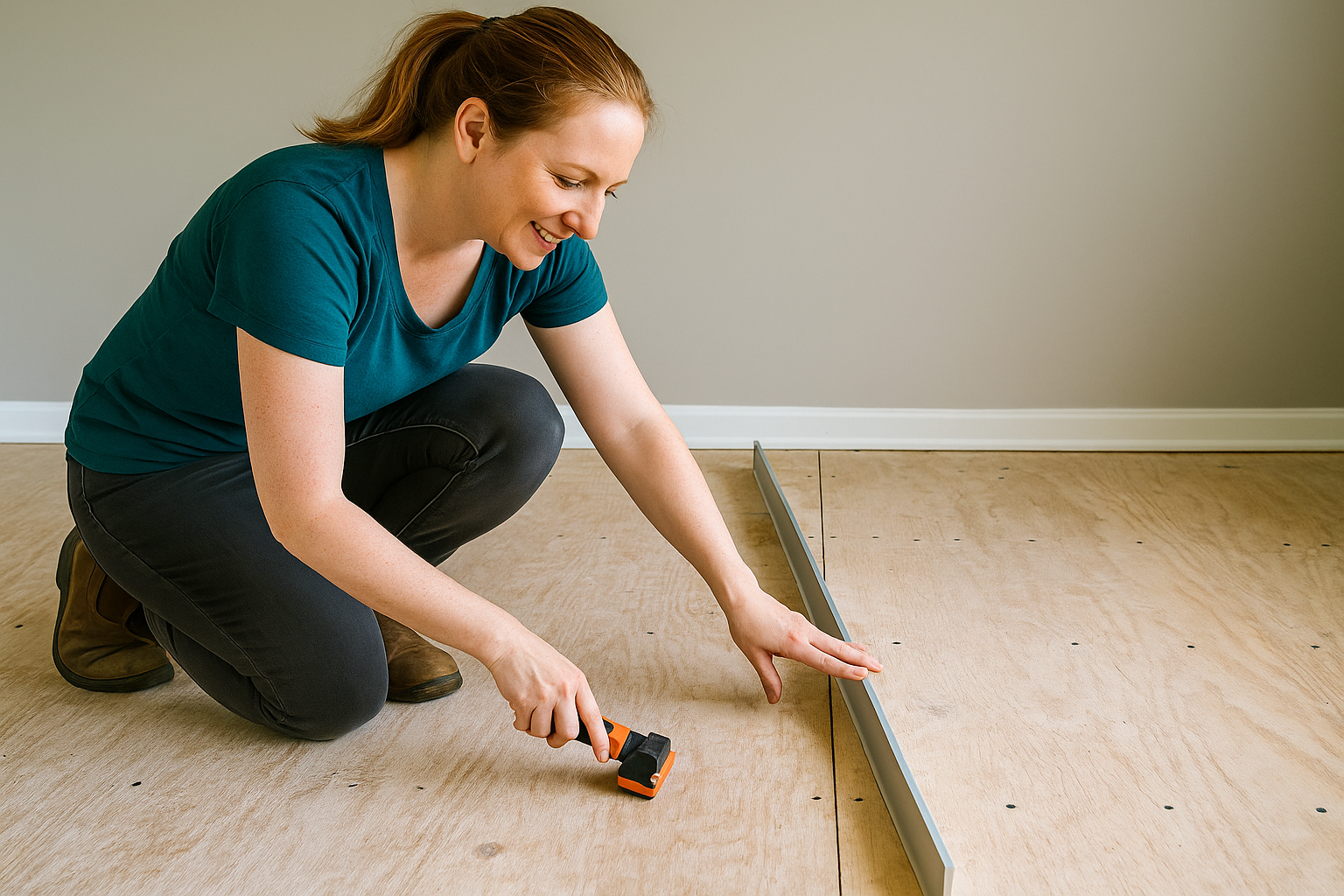 Installer uses a straightedge and hand plane to remove raised seams and level the plywood subfloor.